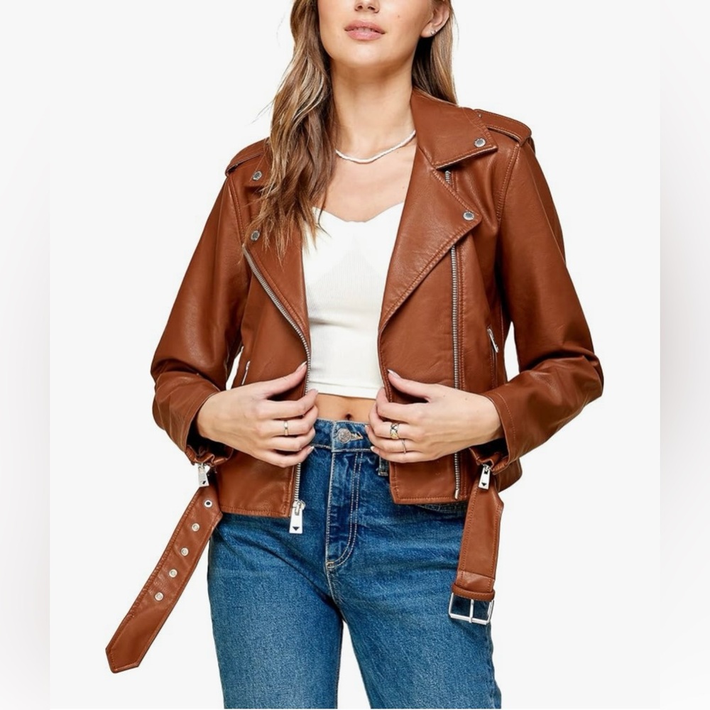 Faux Leather Zip Up Moto Biker Jacket -camel